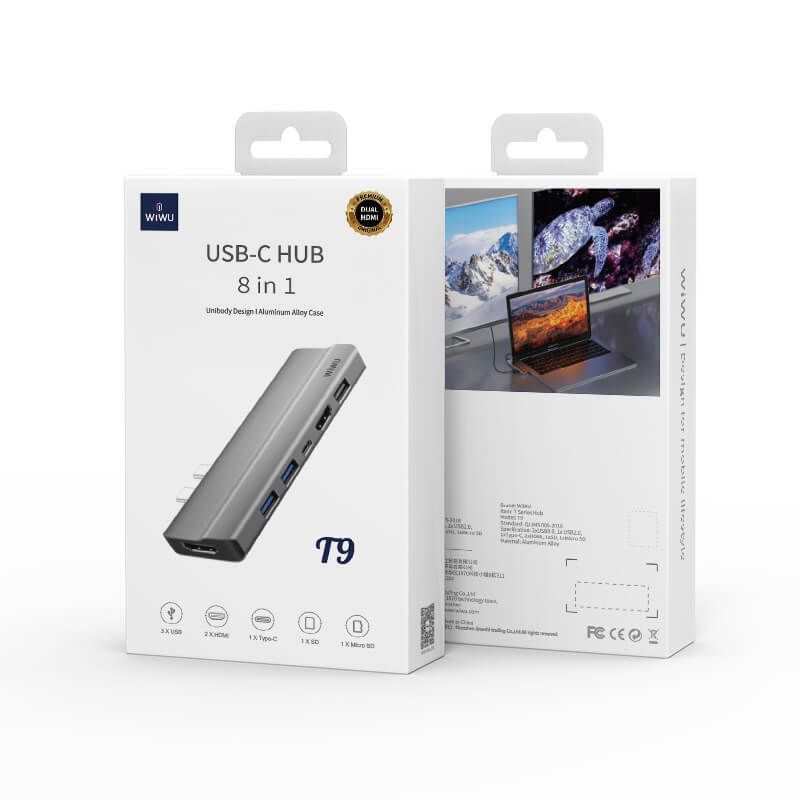 WiWU T9 8-in-1 USB-C hub retail packaging. WiWU T9 8-in-1 USB-C hub retail packaging.